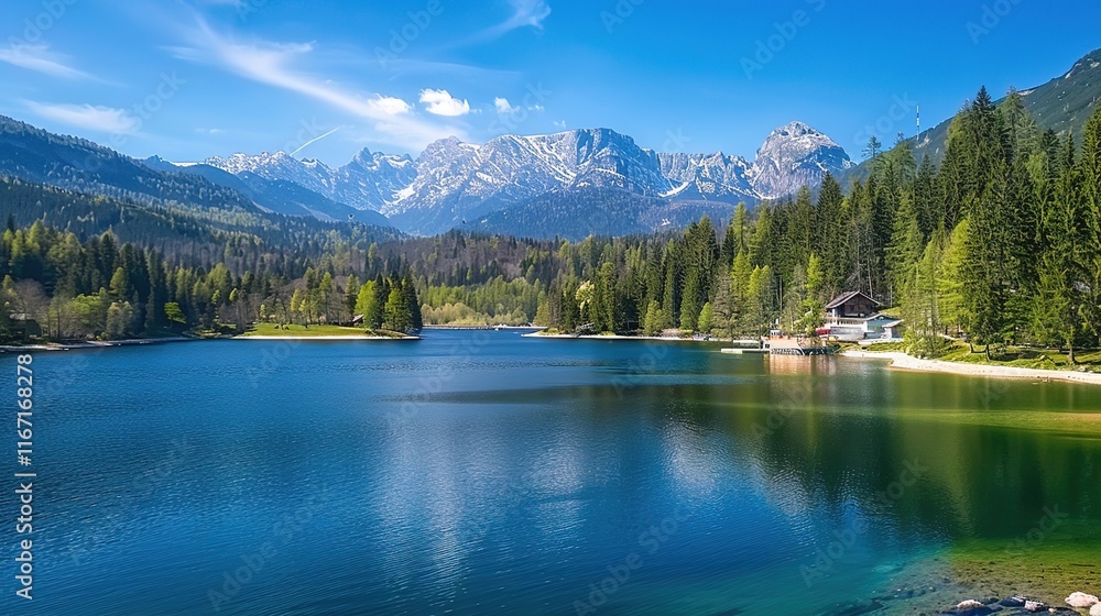 Breathtaking view of Fusine lake with Mangart peak on background. Popular travel destination of Mediterranean sea. Location: Tarvisio comune , spring Breathtaking view of Fusine lake with Mangart peak on background. Popular travel destination of Mediterranean sea. Location: Tarvisio comune , spring