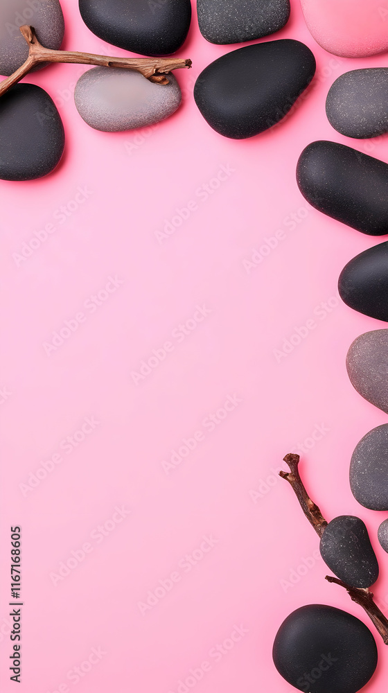 Fototapeta premium Pink Background with Stones and Branches Illustration