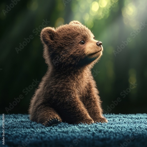 Cute brown bear cub sitting on blue fabric in a forest setting during daylight