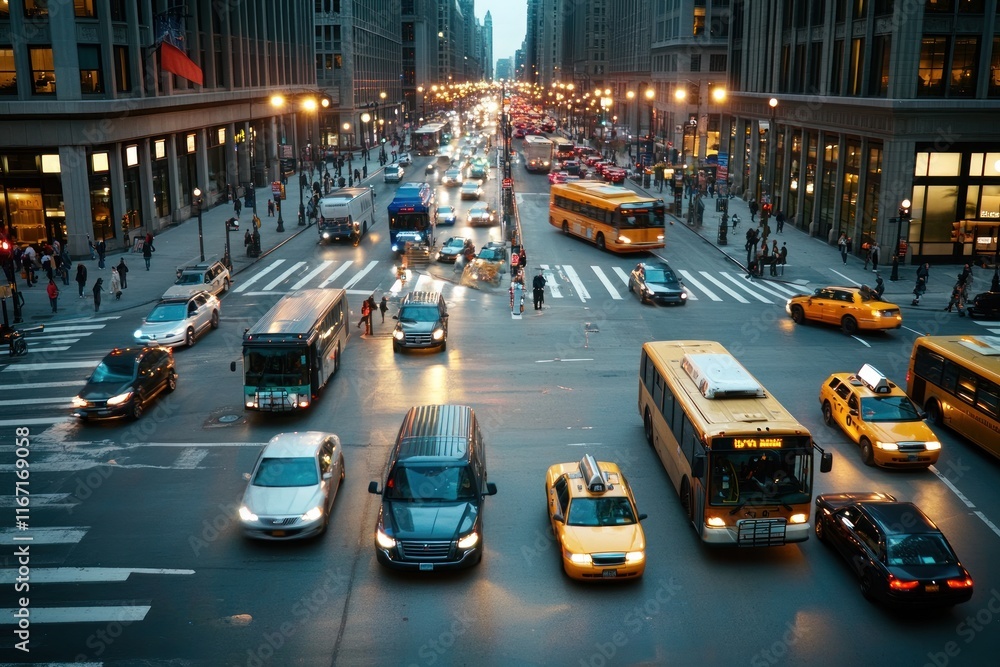 Traffic flows through a vibrant urban intersection filled with vehicles and pedestrians as city life unfolds at dusk Traffic flows through a vibrant urban intersection filled with vehicles and pedestrians as city life unfolds at dusk