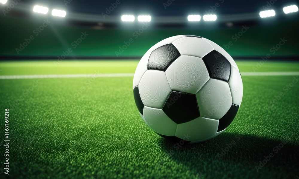 Fototapeta premium Soccer ball on green field under stadium lights within modern sports arena