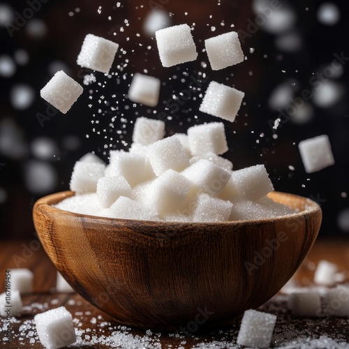 Sugar cubes falling into a wooden bowl creating a sweet spectacle in a dark s...