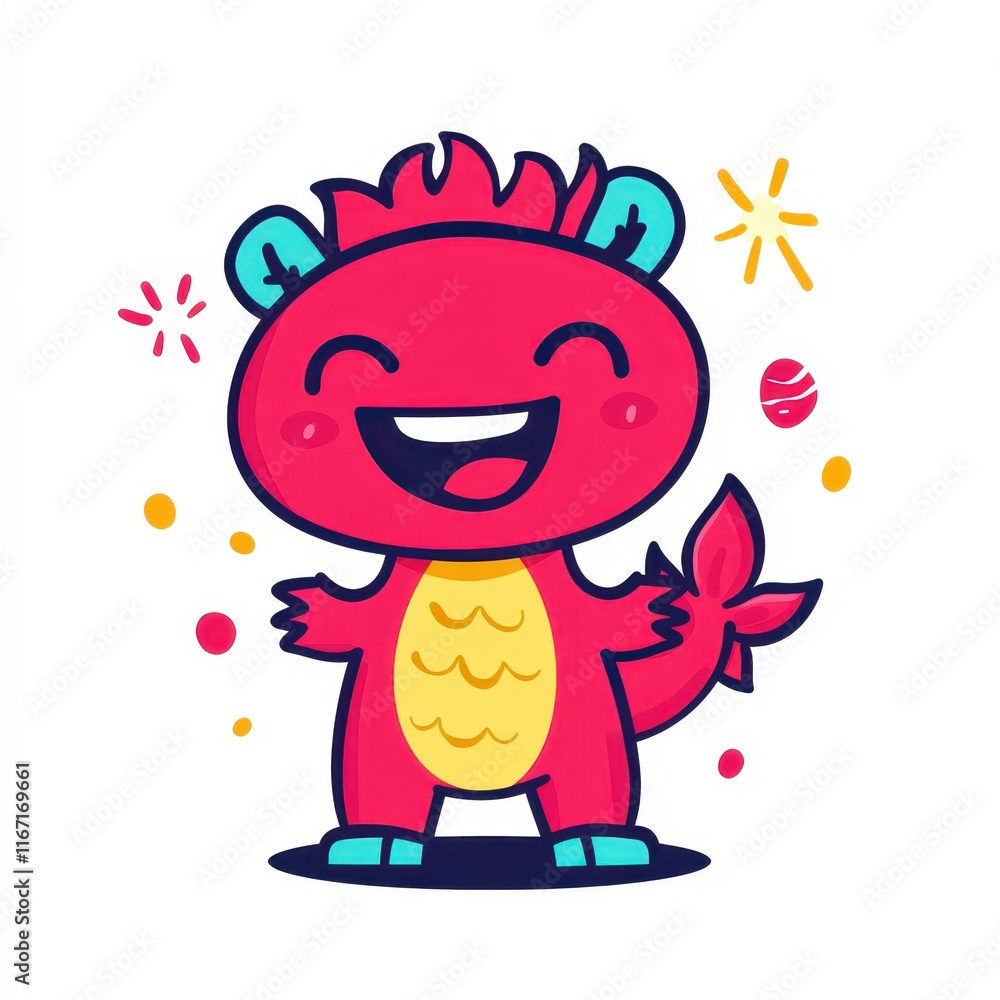 Cute cartoon dragon character with colorful design, cheerful expression, and bright elements in a joyful atmosphere, ideal for children's themes and playful artwork