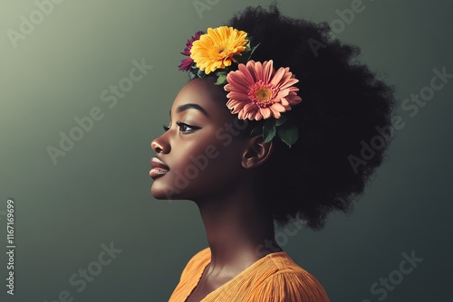 Young woman with a flower crown in a vibrant blue sky setting during daylight
