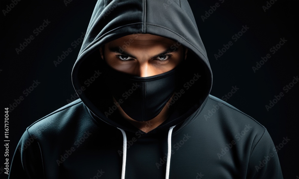 Mysterious hooded figure wearing dark mask in low light Mysterious hooded figure wearing dark mask in low light