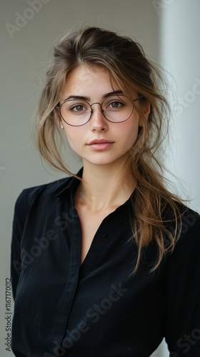 Young woman with glasses posing in a stylish black outfit near a window in br...