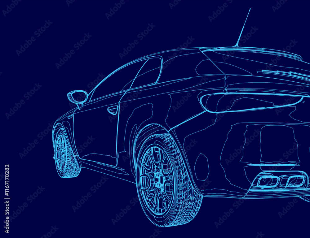 Naklejka premium Blue car with a stripe on the side. The car is shown in a stylized way, with the wheels and tires emphasized. Scene is sleek and modern, with a focus on the car's design and features