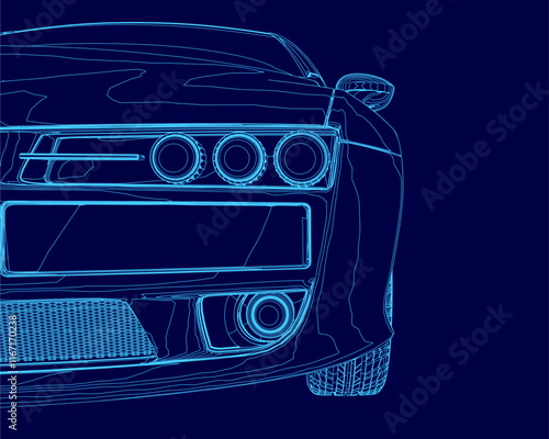 Blue car contour. Front view. The car is shown in a stylized way, with the headlights and other features emphasized. Concept of sleekness and modernity, with the car's design