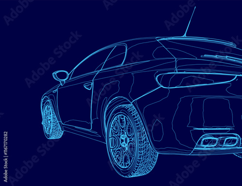 Blue car with a stripe on the side. The car is shown in a stylized way, with the wheels and tires emphasized. Scene is sleek and modern, with a focus on the car's design and features
