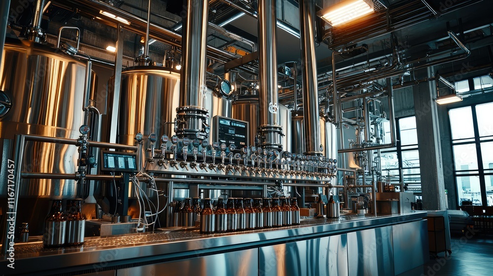Fototapeta premium Modern Brewery Interior with Stainless Steel Equipment and Bottles