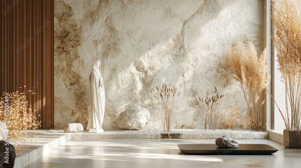Obraz premium Minimalist modern and zen inspired interior design scene featuring natural decor elements such as leaves plants wood stone and ceramic vases arranged in a calming serene