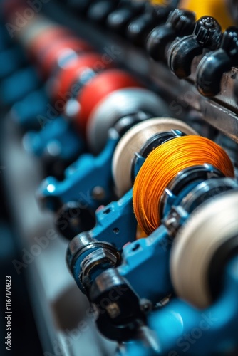Spools of Colored Thread in a Textile Factory with Machinery