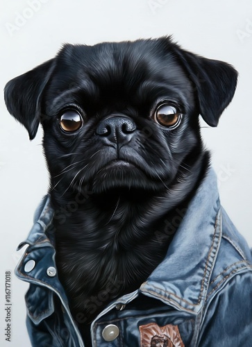 Charming Black Pug Dog in Denim Jacket Urban Setting Adorable Pet Portrait Fashionable Canine Close-Up View Whimsical Concept photo