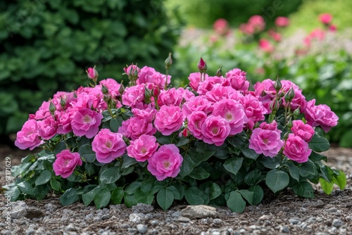 Pink Grootendorst hybrid rugosa rose blooming in summer garden, Generative AI photo