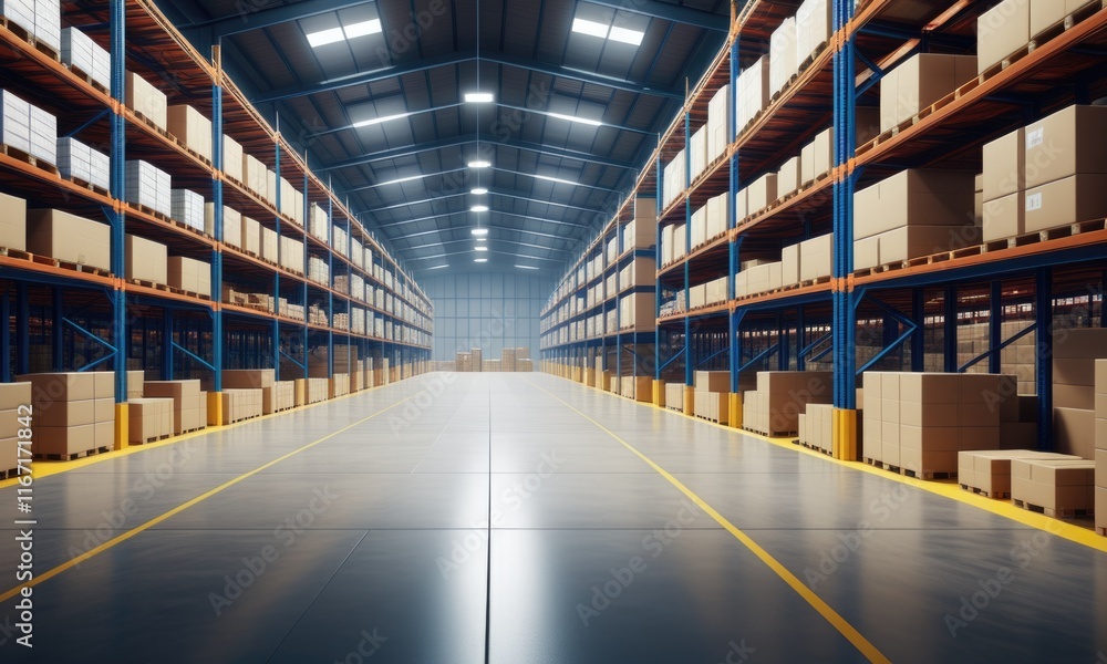 Expansive warehouse with stacked boxes and industrial shelving Expansive warehouse with stacked boxes and industrial shelving