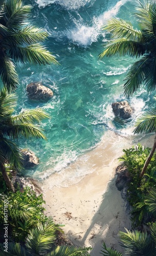 Serenity of a Tropical Lagoon Surrounded by Lush Palm Trees on a Sunny Day
