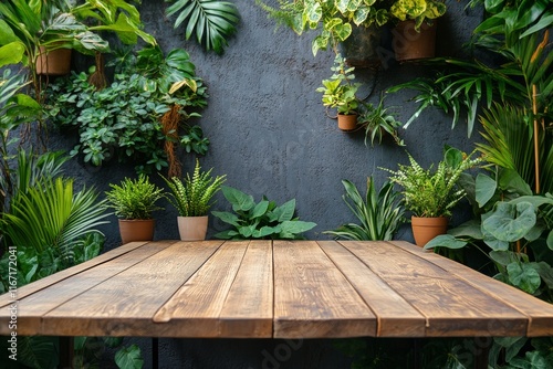 Rustic wooden table surrounded by lush greenery in a tranquil indoor garden s...