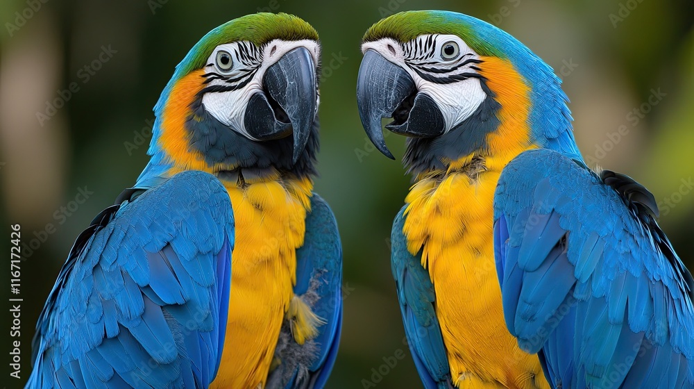 Fototapeta premium Two blue-and-gold macaws facing each other, lush green background; wildlife, nature photography.