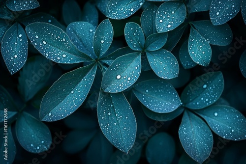 Water drops on lupine leaves after rain, dark moody nature background, Generative AI