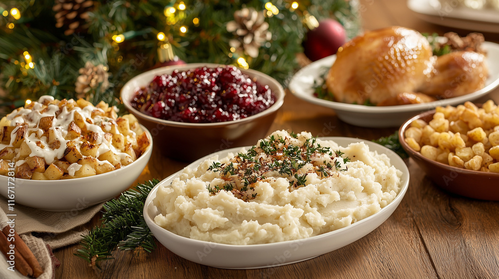 A Christmas feast table featuring roasted turkey, mashed potatoes, cranberry sauce, and festive side dishes, with a twinkling Christmas tree in the background, creating a warm holiday atmosphere. A Christmas feast table featuring roasted turkey, mashed potatoes, cranberry sauce, and festive side dishes, with a twinkling Christmas tree in the background, creating a warm holiday atmosphere.