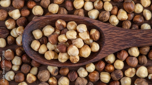 Freshly harvested hazelnuts and shelled nuts arranged on a wooden surface for...