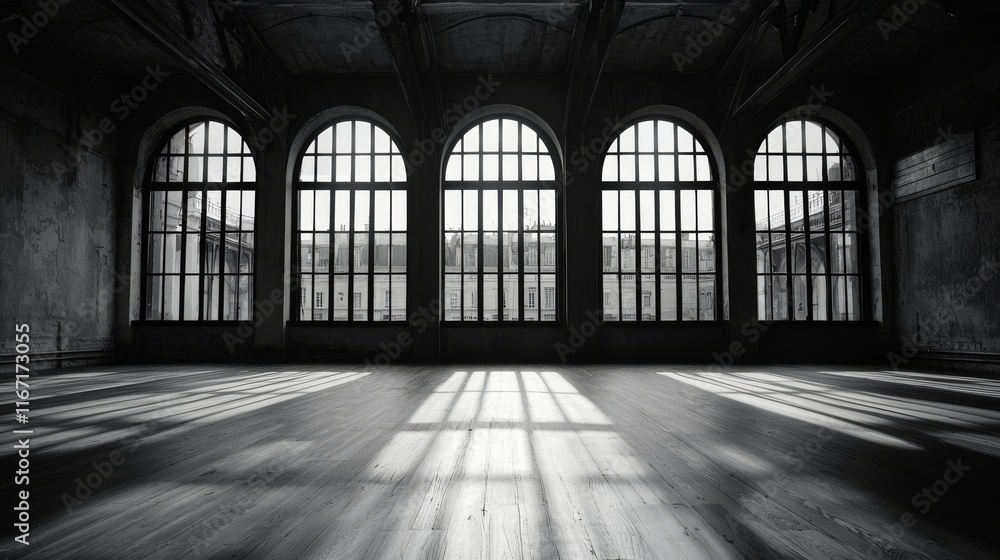 Black and white Parisian dance studio with large industrial style window that casts striking patterns on wooden floor Black and white Parisian dance studio with large industrial style window that casts striking patterns on wooden floor