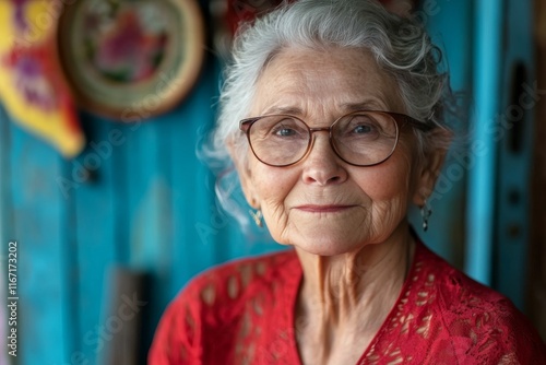 Thoughtful elderly woman in glasses gazes out thoughtfully from a cozy indoor...