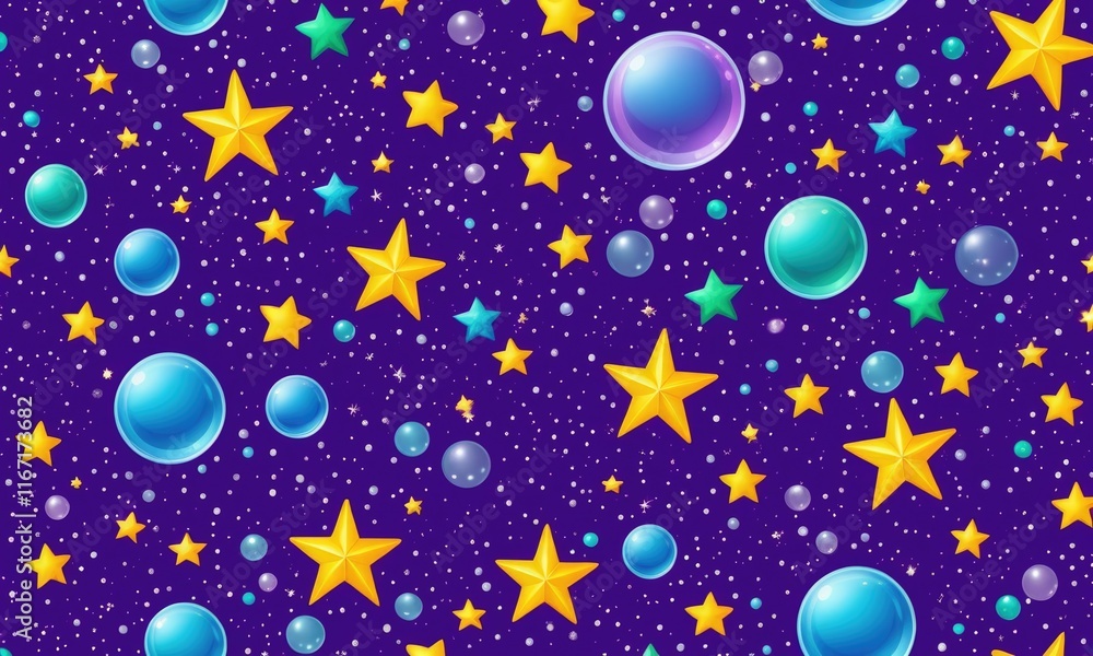 Seamless cosmic pattern with colorful stars and bubbles on a starry night background Seamless cosmic pattern with colorful stars and bubbles on a starry night background