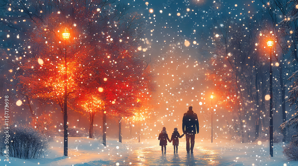 Obraz premium Father and children walking in a snowy park during winter evening with glowing streetlights