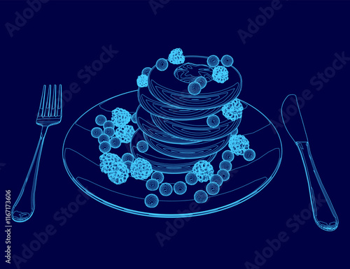 Blue drawing of a plate of pancakes with berries and a fork and knife. Scene is light and playful, as it is a cartoonish representation of a breakfast meal