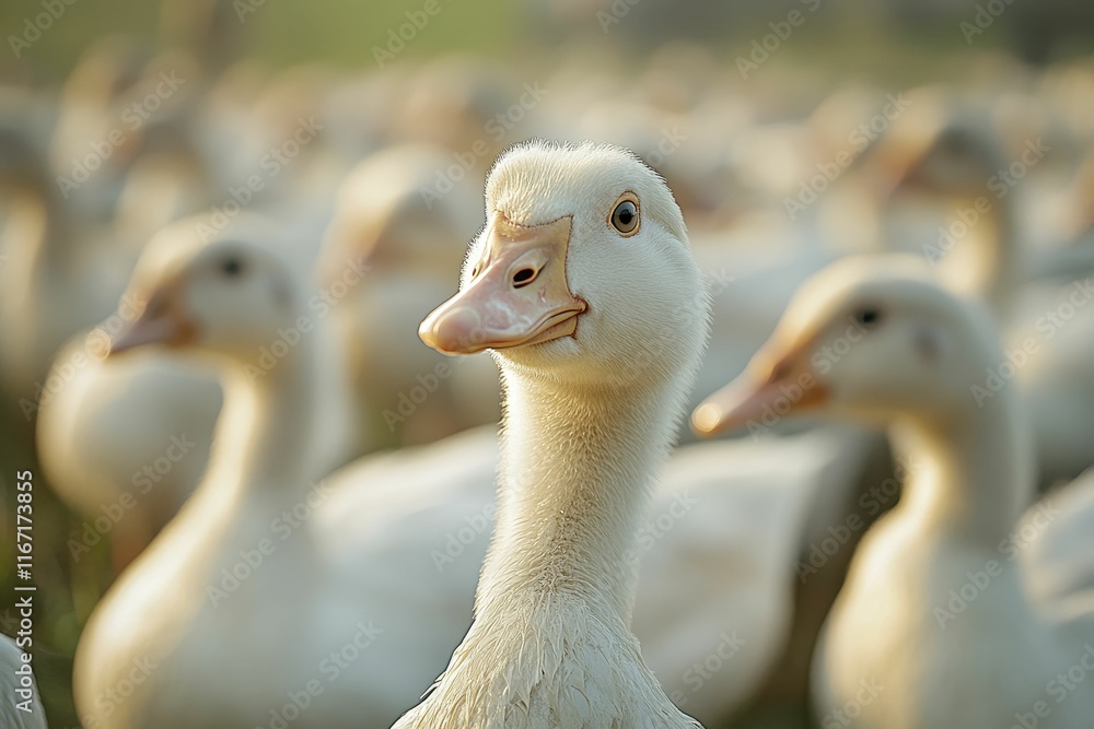 White duckling stares, flock blurred background. White duckling stares, flock blurred background.