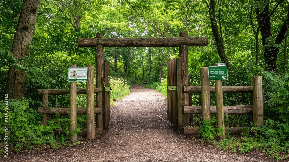 Serene Forest Pathway Entrance with Natural Greenery and Gates Serene Forest Pathway Entrance with Natural Greenery and Gates