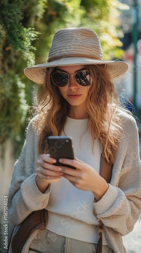 Woman with long hair in hat using smartphone in a green field during daylight