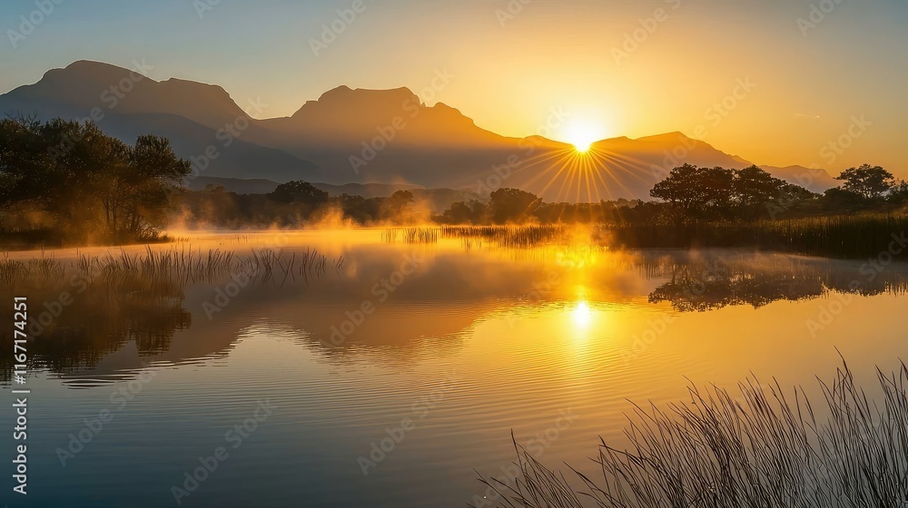 Fototapeta premium Serene Sunrise Over Misty Lake with Mountains in Background