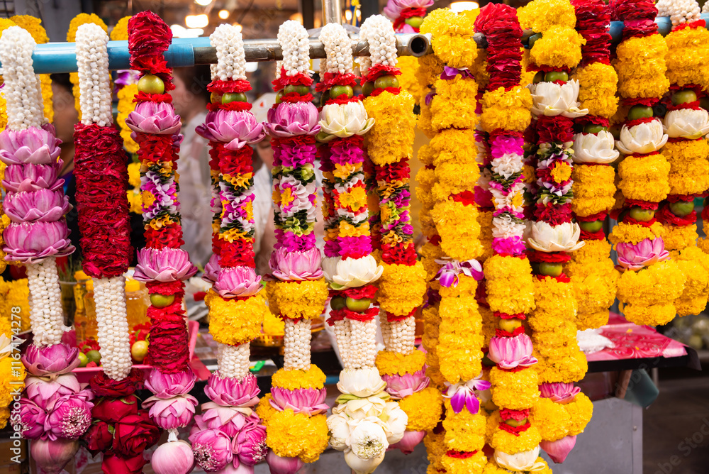 Fototapeta premium Flower garlands for sale, Buddism religious decorations in Thailand