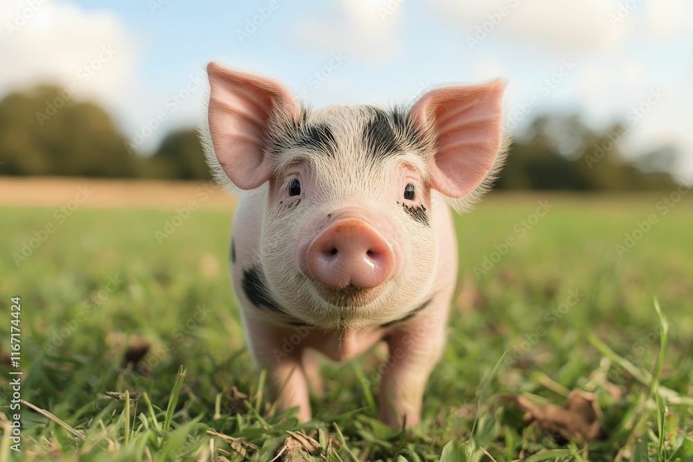 Piglet, spotted, grassy field, curious gaze. Piglet, spotted, grassy field, curious gaze.