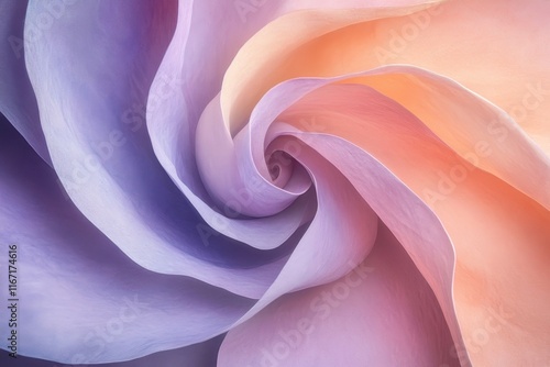 Swirling pastel petals create a mesmerizing spiral pattern in soft hues of purple and peach. Generative AI