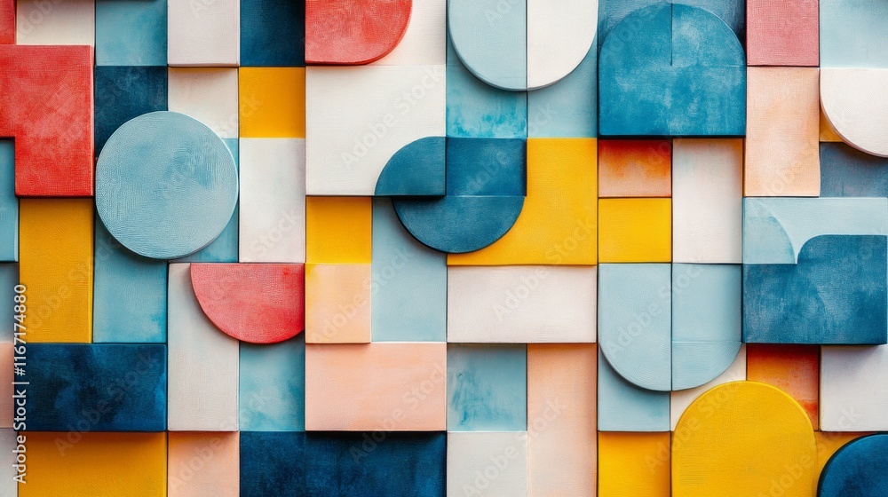 Fototapeta premium Risograph geometric pattern in tiles, decorative abstract art with riso shapes, banner, wallpaper
