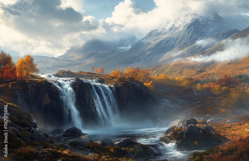 A serene landscape of the Scottish Highlands, featuring waterfalls and rocky terrain in autumn colors. The background features majestic mountains with soft light filtering through clouds, creating lon
