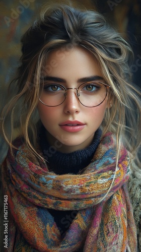 Woman in cozy sweater and scarf posing with glasses in a soft, natural setting