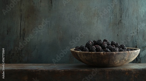 Fresh blackberries in a rustic wooden bowl on a weathered table