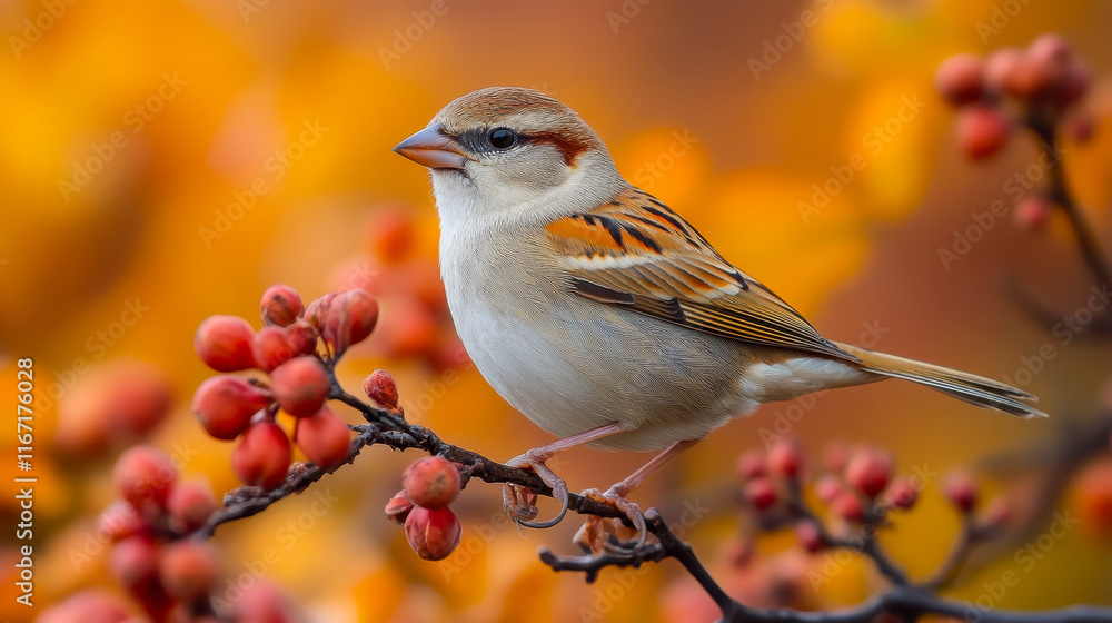 Sparrow Perching on Flowering Branch Amidst Vibrant Autumn Colors in Nature Sparrow Perching on Flowering Branch Amidst Vibrant Autumn Colors in Nature