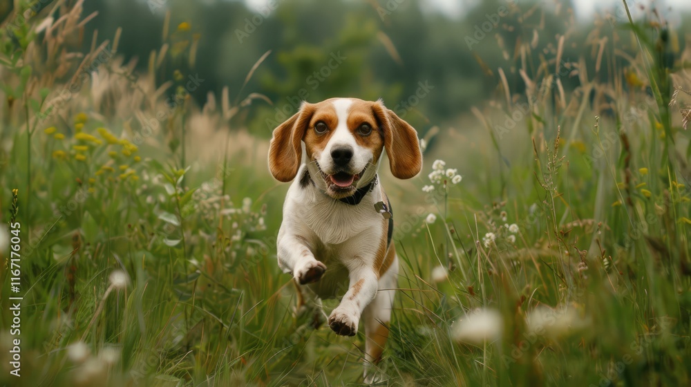 Beagle dog runs through green meadow towards camera. Beagle dog runs through green meadow towards camera.