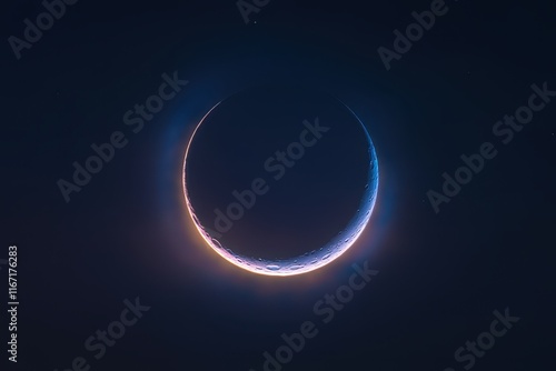 Crescent moon illuminated in deep blue night sky showcasing celestial beauty. Generative AI