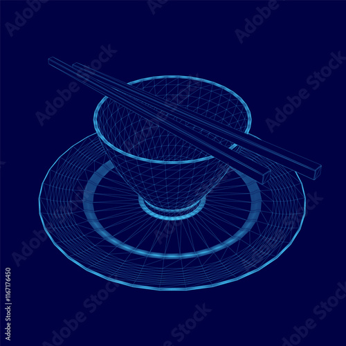 Blue plate with a cup and chopsticks on it. The image is in a blue color