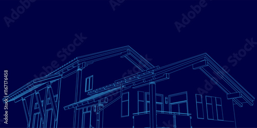 Blue image of a house with a blue roof. The house is shown in a 3D format, giving it a futuristic appearance. Concept of modernity and innovation