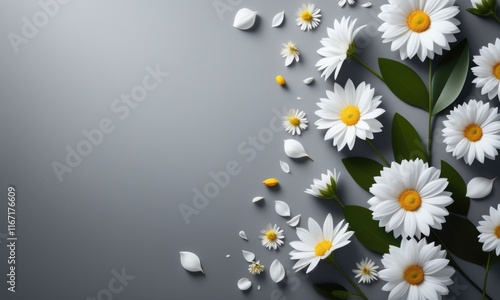 Elegant arrangement of white daisies on gray background photo