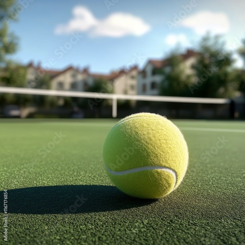 Bright green tennis ball resting on court near residential buildings on a sun...