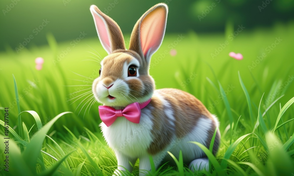 Fototapeta premium Adorable rabbit with pink bow tie in lush green grass field