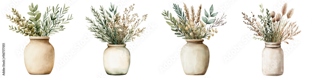 Fototapeta premium Assorted Floral Arrangements in Ceramic Vases on Neutral Background